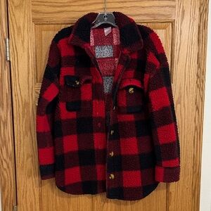 No Boundaries Red and Black Plaid Sherpa Hoodie